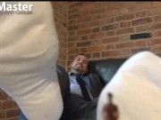 Macrophilia and sock worship from suited man with white socks and sheer socks PREVIEW