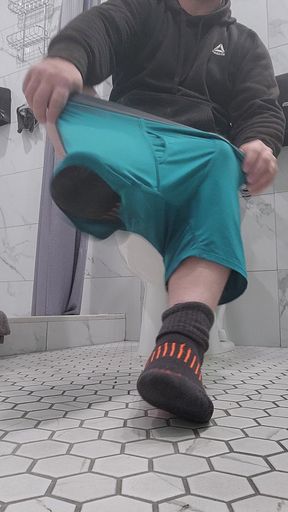 Getting dressed in the public shower.