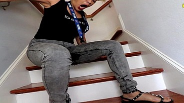 Asian MILF Loosey wetting her tight jeans on stairs