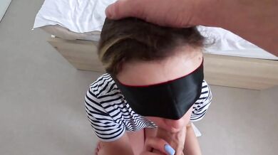 Blonde stepsis gags on big cock then smiles with cum dripping from her lips