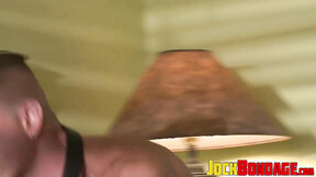 Tattoed jock Nick Moretti roped Tyler Saint to the bed & bound his balls