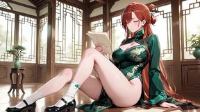 red-haired in a green qipao! languidly lying down in the bamboo courtyard, lifting her hem to tease you. from quiet reading to wild bed play, green silk wrapping hot skin.