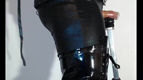 Crossdresser in pvc struggles to orgasm with hands tied behind back