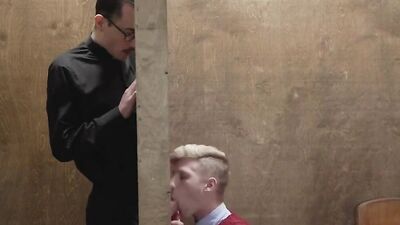 Sinful guy blows a priest thorough a hole in the wall