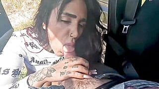 German car blowjob from a big tits slut on the roadside