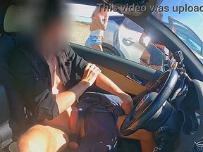 Face reveal of the two girls: dick flash exhibitionism in car for two perfect body girls.