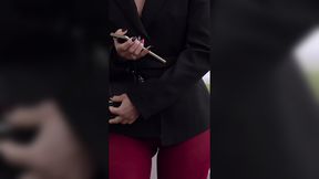 Jeny Smith walks in red leggings walking down the street