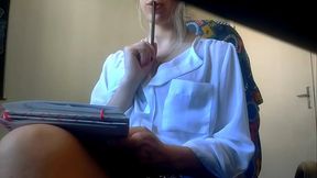 hot secretary no panties under the mini skirt , take off her bra and starting fingering her pussy