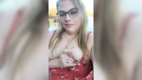 Beautiful chubby blonde bbw in dress flashes cute small boobs with big nipples and fat pussy in public outdoors nature trail