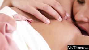 ”Sexy brunette shows beautiful blonde how to enjoy lesbian sex”