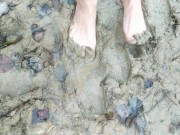 Stepping in mud barefoot - dirty feet and jerk off and stepping on own cum at the end