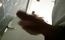 Caught  huge cock Latino twink jerking off in public restroom