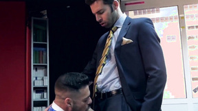 Executive has his hard meat slobbered on & his butt pounded