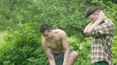 Dashing studs piss on each other in nature and fuck rough