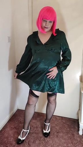 Hot TV Crossdresser Parading in Sexy Satin and Stockings