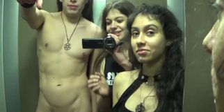 Amateur teens had a risky FFM in the elevator POV