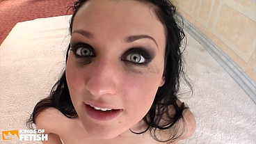 Three massive men bang hard mouth and pussy of a hot brunette on the floor