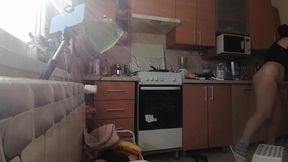 Sexy mom makes breakfast, hairy pussy, big tits Sexy woman empties the house, hairy, big ass.