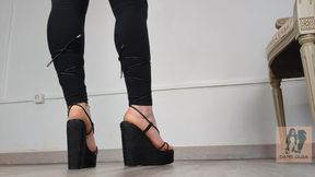 (663) Shoe Collection: Lace Up Black Wedge Sandals - Dame Olga (4K)