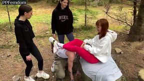 worship three pussies of princesses sofi, kira and dina in the forest - group femdom