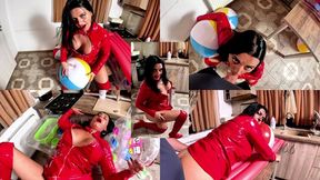 Dominant Red PVC MILF Inflatable Mattress Fetish. Giant Beach Balls, POV Sex, Double Cum and Popping