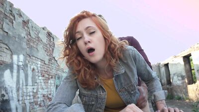 Public Agent Sexy redhead waitress sucks cock and gets fucked doggystyle outside in public