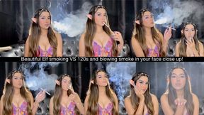 Beautiful Elf smoking VS 120s and blowing smoke in your face close up!