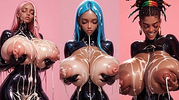 horny black 18+ AI ladies play in front of the camera with their stiff nipples and plump udders
