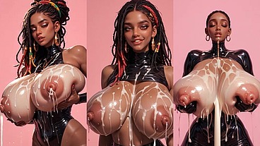 horny black 18+ AI ladies play in front of the camera with their stiff nipples and plump udders