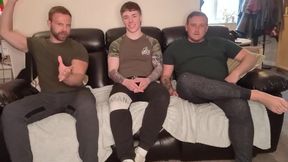 Straight lad bent over by 2 tattooed bi studs with big dicks
