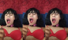 Sissy tgirl demolishes her pretty face with thick cum then gobbles it up