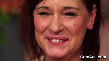 Slutty bombshell gets cum shot on her face swallowing all the ejaculate