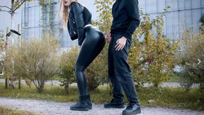 Amateur wife gets huge cumshot on her latex leggings in public