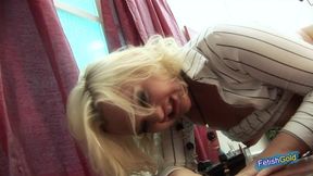 Two horny blondes get naughty at work and have intense lesbian sex