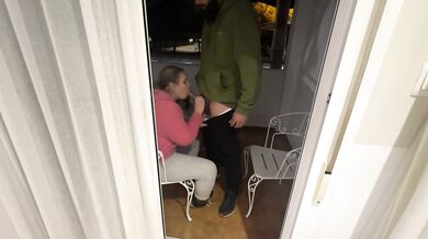 Blonde takes a balcony blowjob while cum drips down her tits
