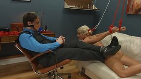 Tied up slut gags on dick