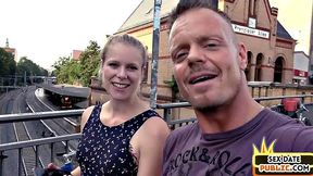 Pierced blonde cockriding in public