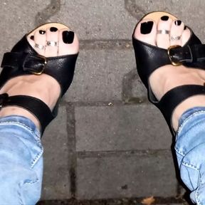 crossdresser shows off her beautiful feet in high heel wedges in public