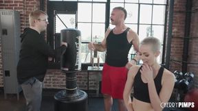 Fit Blonde Squirts During Hot Blowjob and Cuckold Scene with Trainer in Gym Setting