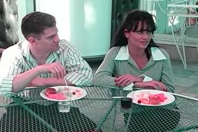 Blonde Seductress at the Patio Table: Hot Oral Fun