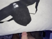 fit handsome hairy guy shoots thick load of cum on cum covered and stained jockstrap