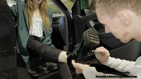 Cleaning boots after filming