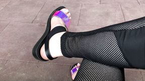 My new shiny sandals and toes tease outdoor