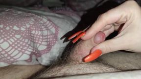 He loves it when i make his little dick cum with my orange long nails *cum runs on my long nails*