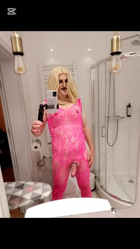 Oozing Cum in a Pink Bodysuit
