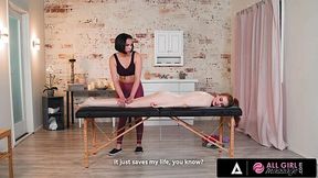 Lovely Slim Brunette Masseuse Casey Calvert Entices Her Carming Slim Redhead Client Into Lesbian Sex