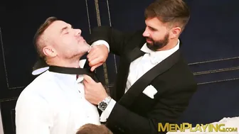 Two suited butlers take turns sucking and getting barebacked