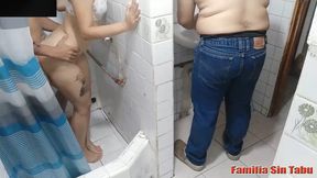 Perverted stepmom her stepson in the bathroom when her husband almost caught them