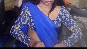 Indian Crossdresser in Blue Saree