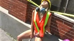 Crazy chick in helmet Candy Kiss is masturbating her snatch in public